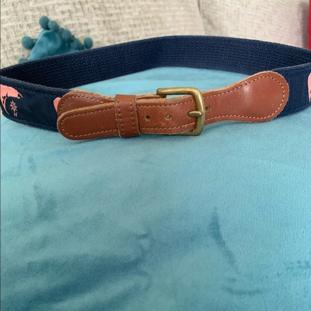 Preston boys navy cotton belt with brown leather. Embroidered boats. 24” long